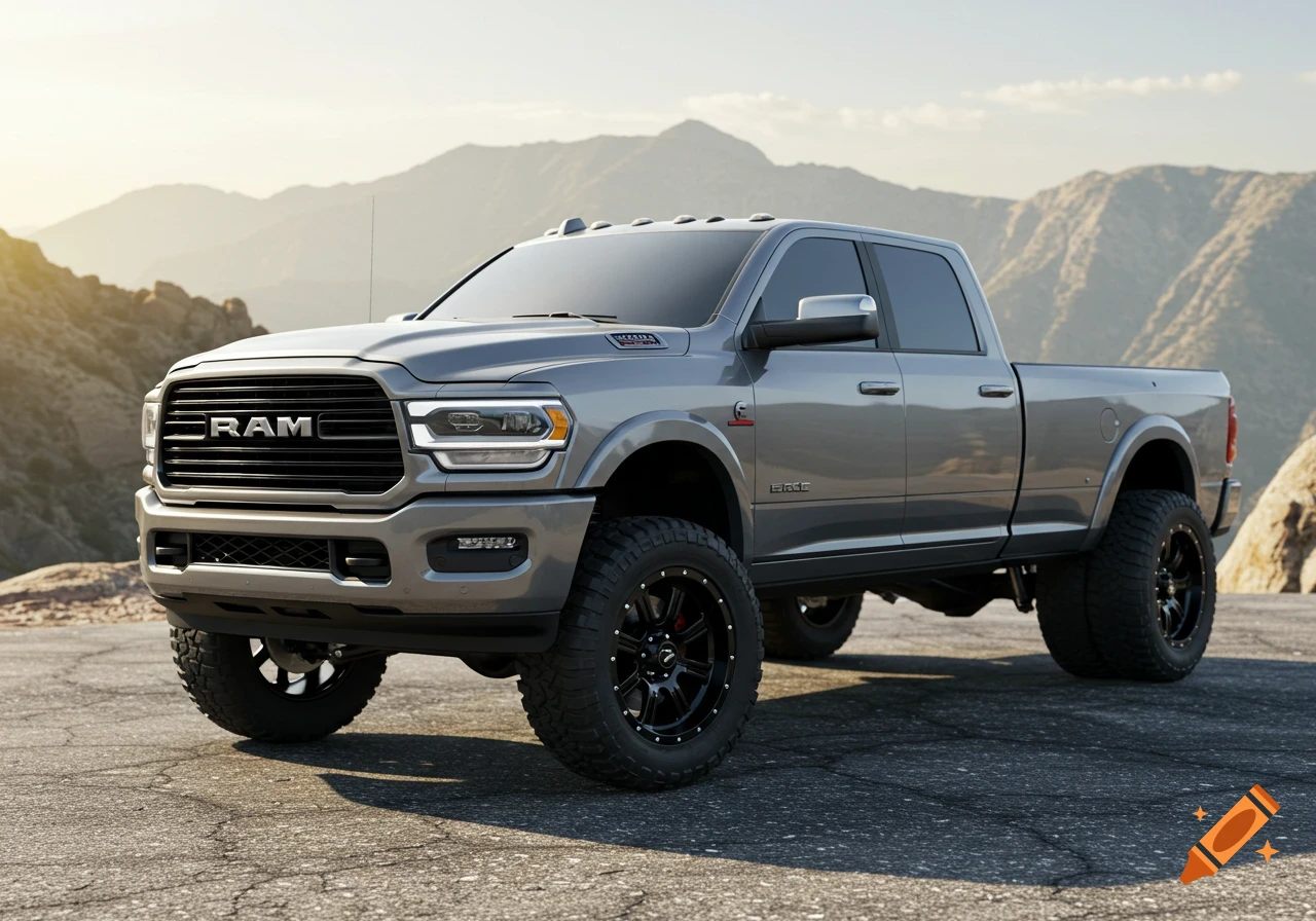 A gray lifted Ram 3500 Dually diesel truck with black rims parked outdoors in a mountainous, sunny landscape.
