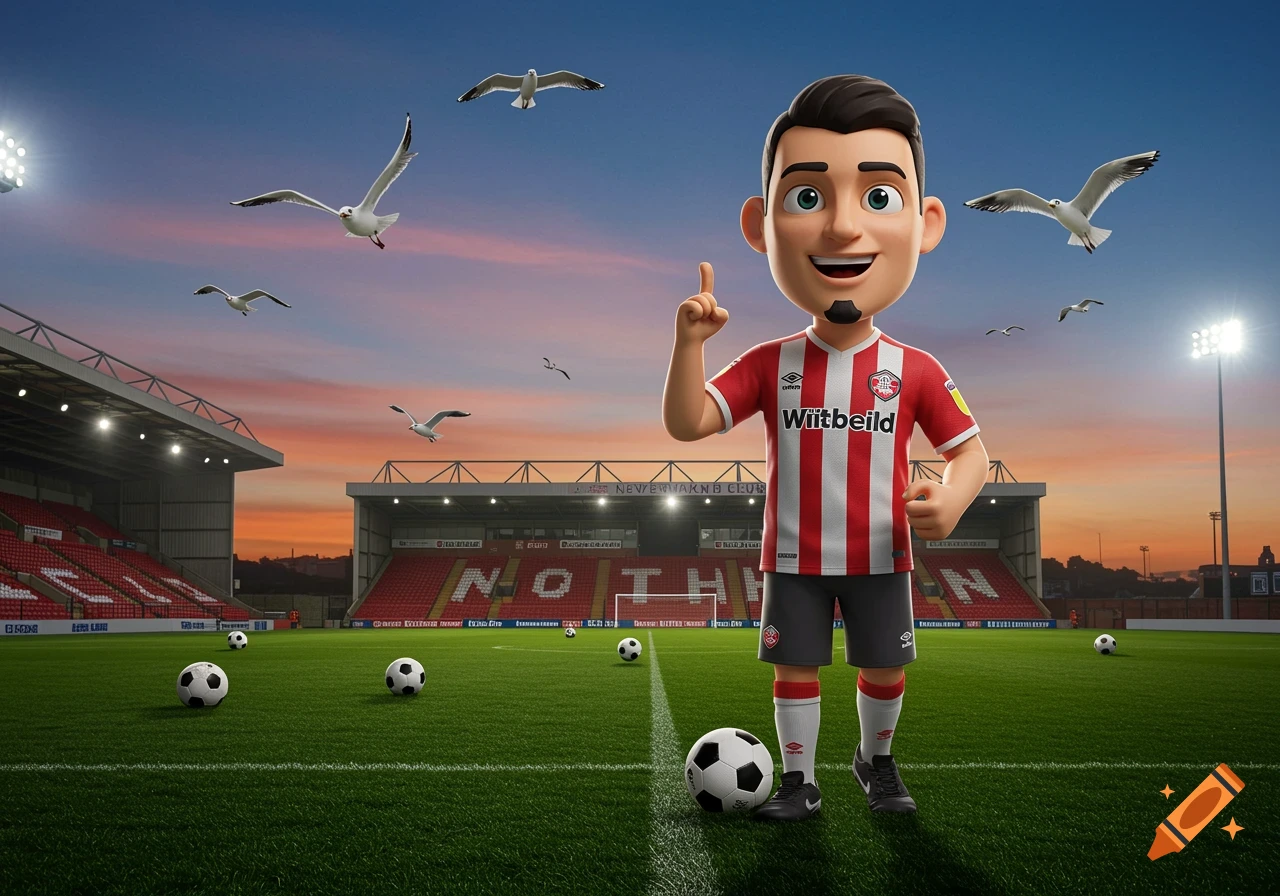 A cartoon man in a red and white striped football shirt stands on a green pitch in a stadium at sunset, with seagulls flying above.