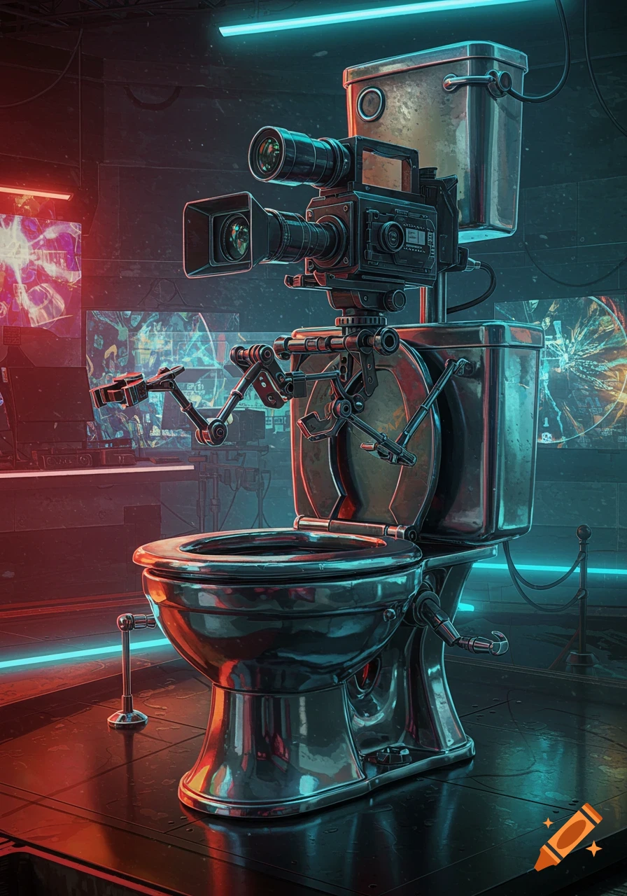 A futuristic metallic toilet equipped with a large vintage-style camera and multiple robotic arms, bathed in neon red and blue lights in a dark, tech-filled room.