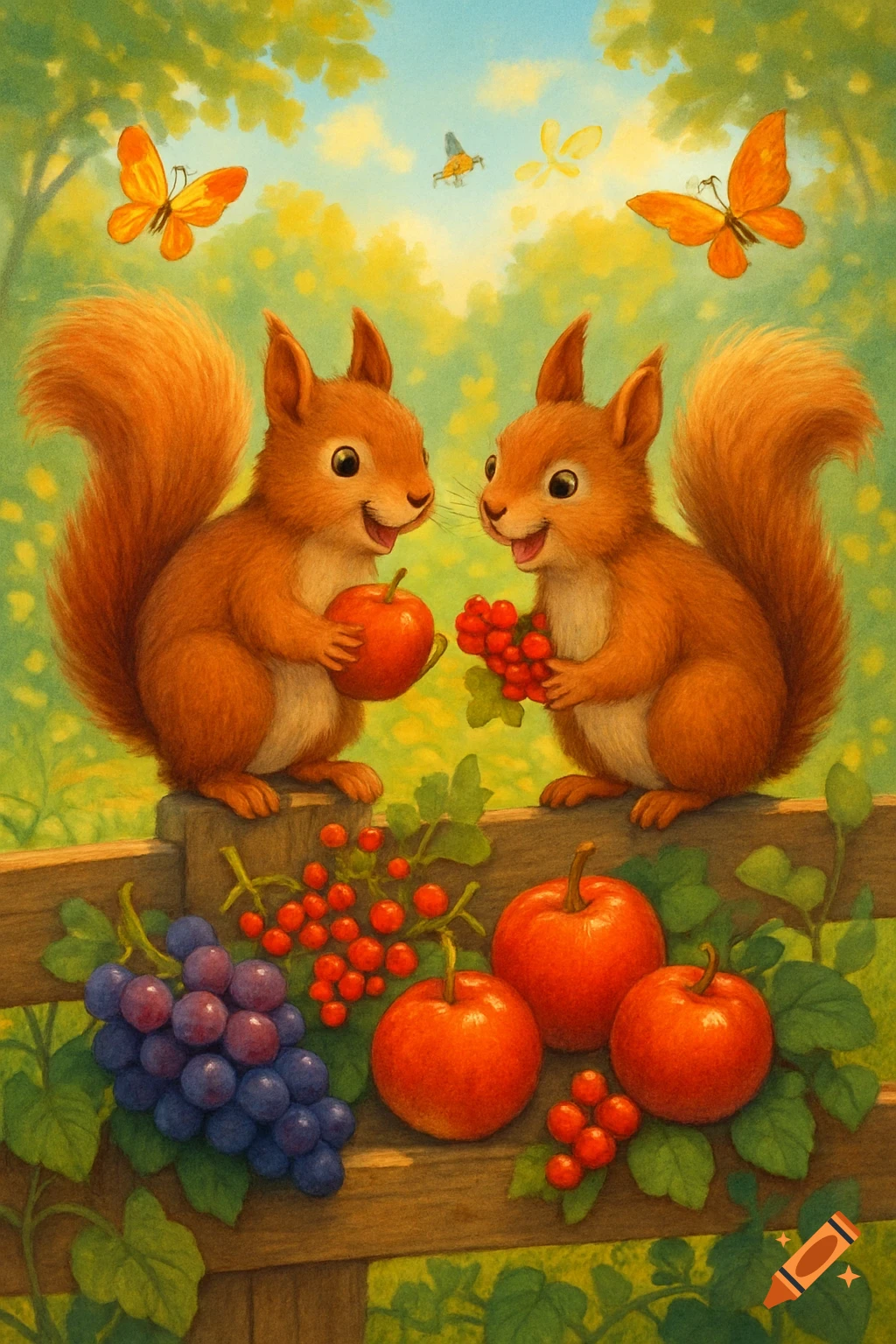 Two happy squirrels on a wooden fence with fruits, including apples, grapes, and berries, with butterflies in a vibrant garden illustration.