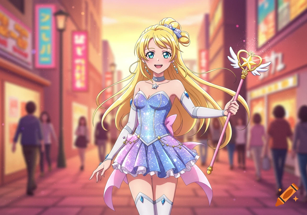 A blonde anime magical girl in a sparkling blue dress, holding a star-topped wand, stands on a city street at sunset.