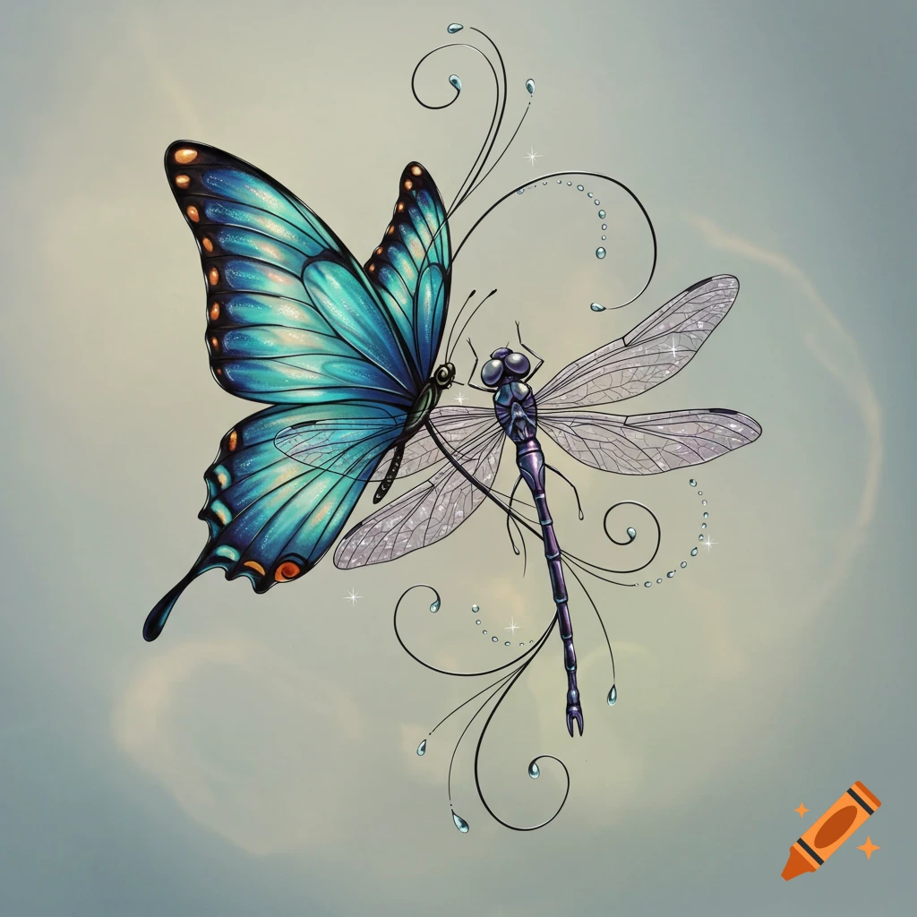 Stylized tattoo design featuring a vibrant blue butterfly and a purple dragonfly with swirling lines and water droplets.