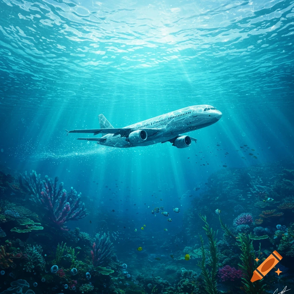 A large passenger airplane submerged among vibrant coral reefs and fish underwater, with sunbeams filtering from the surface.