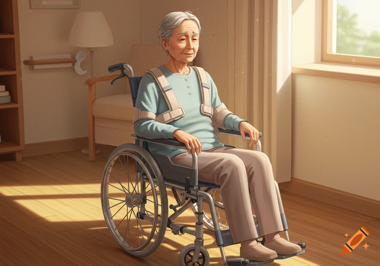 An elderly person with gray hair sits in a wheelchair indoors, wearing a light blue shirt and beige pants, with chest restraints, looking down.