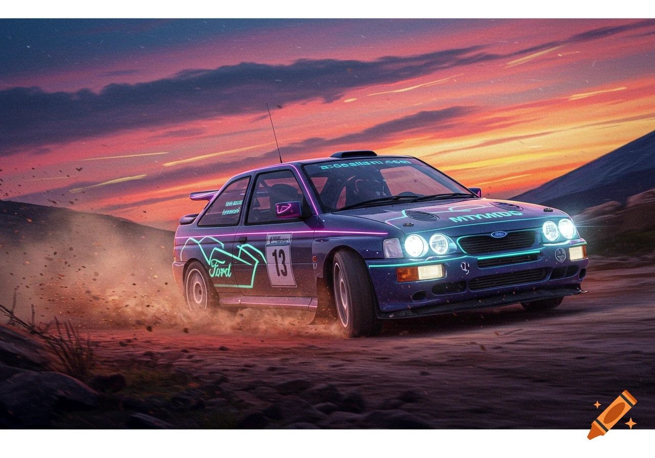 A purple Ford Escort RS Cosworth rally car with neon lights speeds through a dusty landscape at sunset, kicking up dirt.