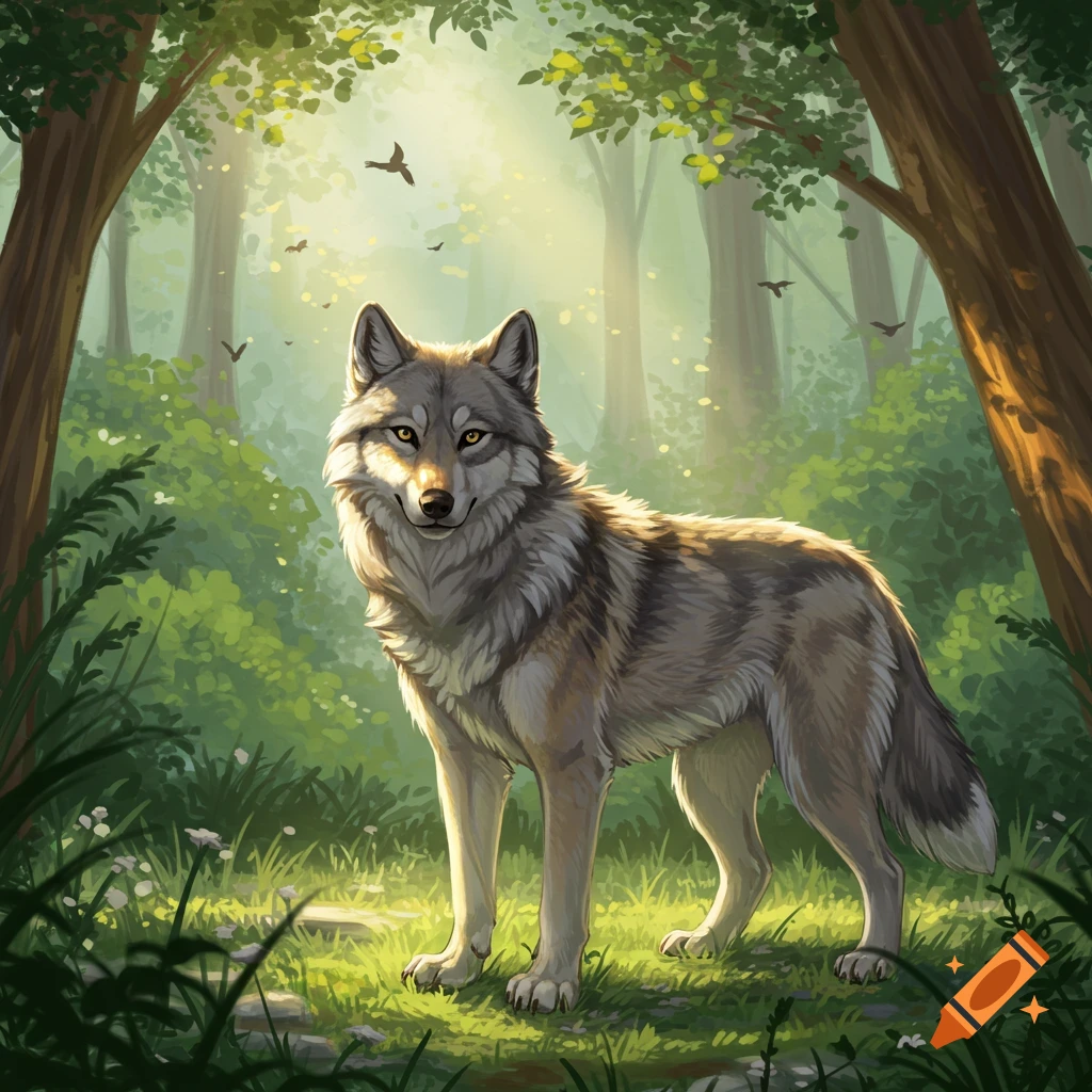 A detailed illustration of a grey wolf standing in a sunlit forest clearing, looking forward.