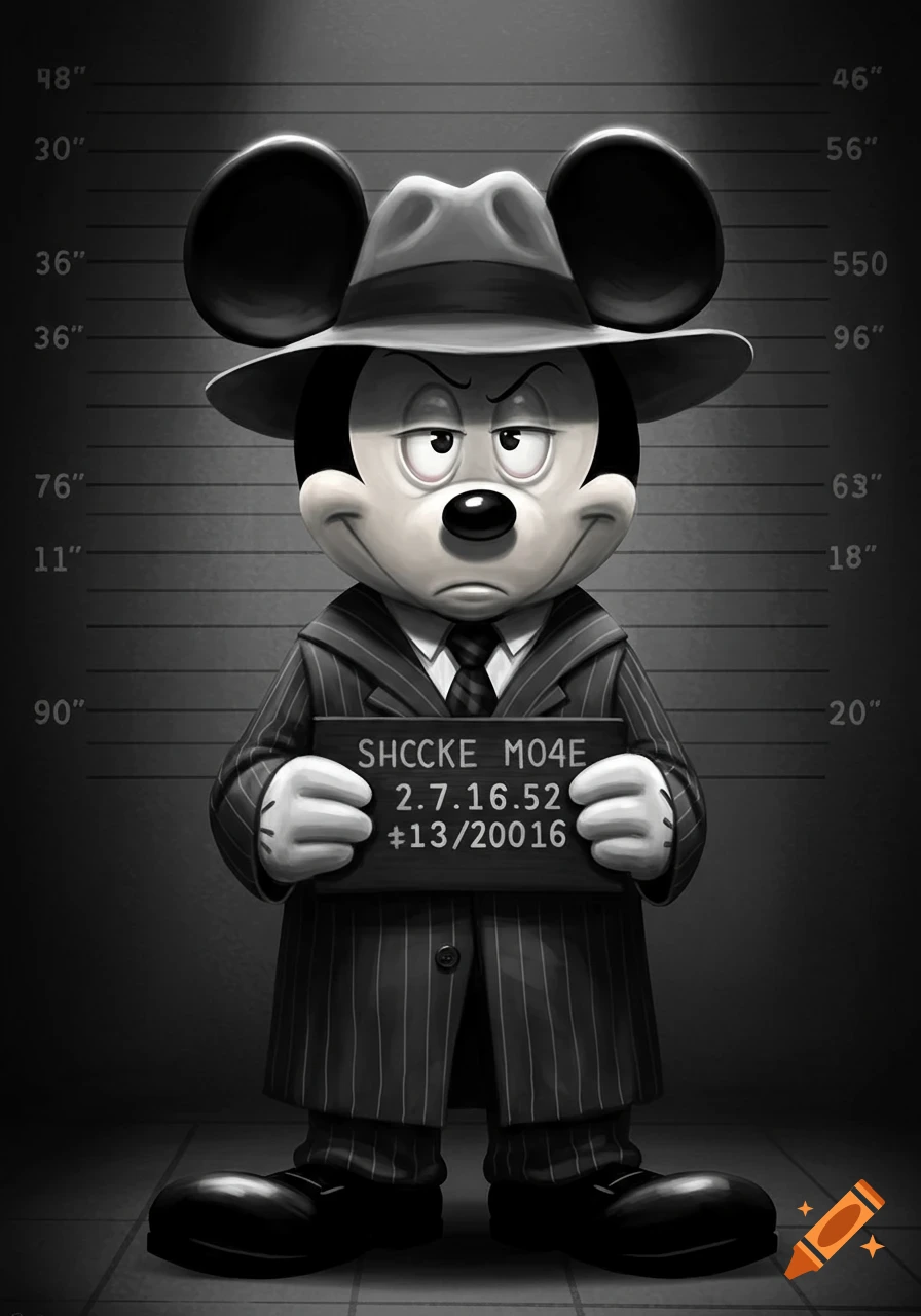 Mickey Mouse, in a black pinstripe suit and fedora, looks serious while holding a mugshot board in a black and white stylized image.