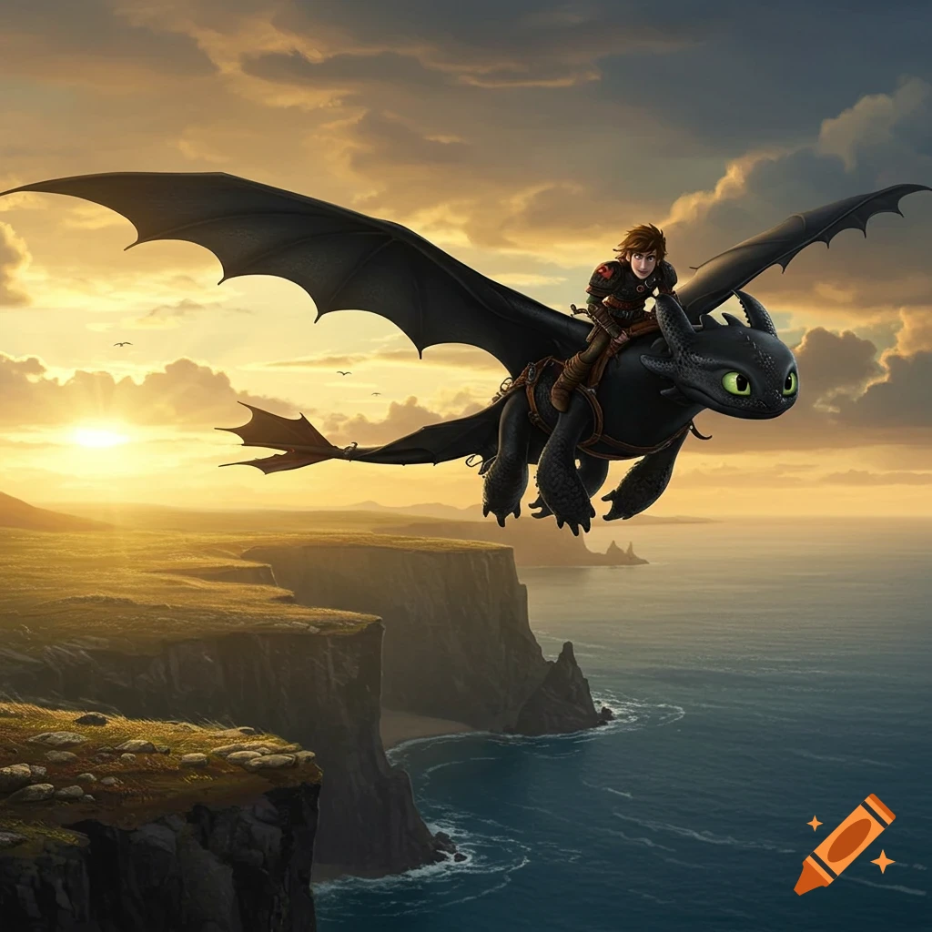 Hiccup riding Toothless as they fly high above ocean cliffs with a setting sun in the background, stylized as animated film art.