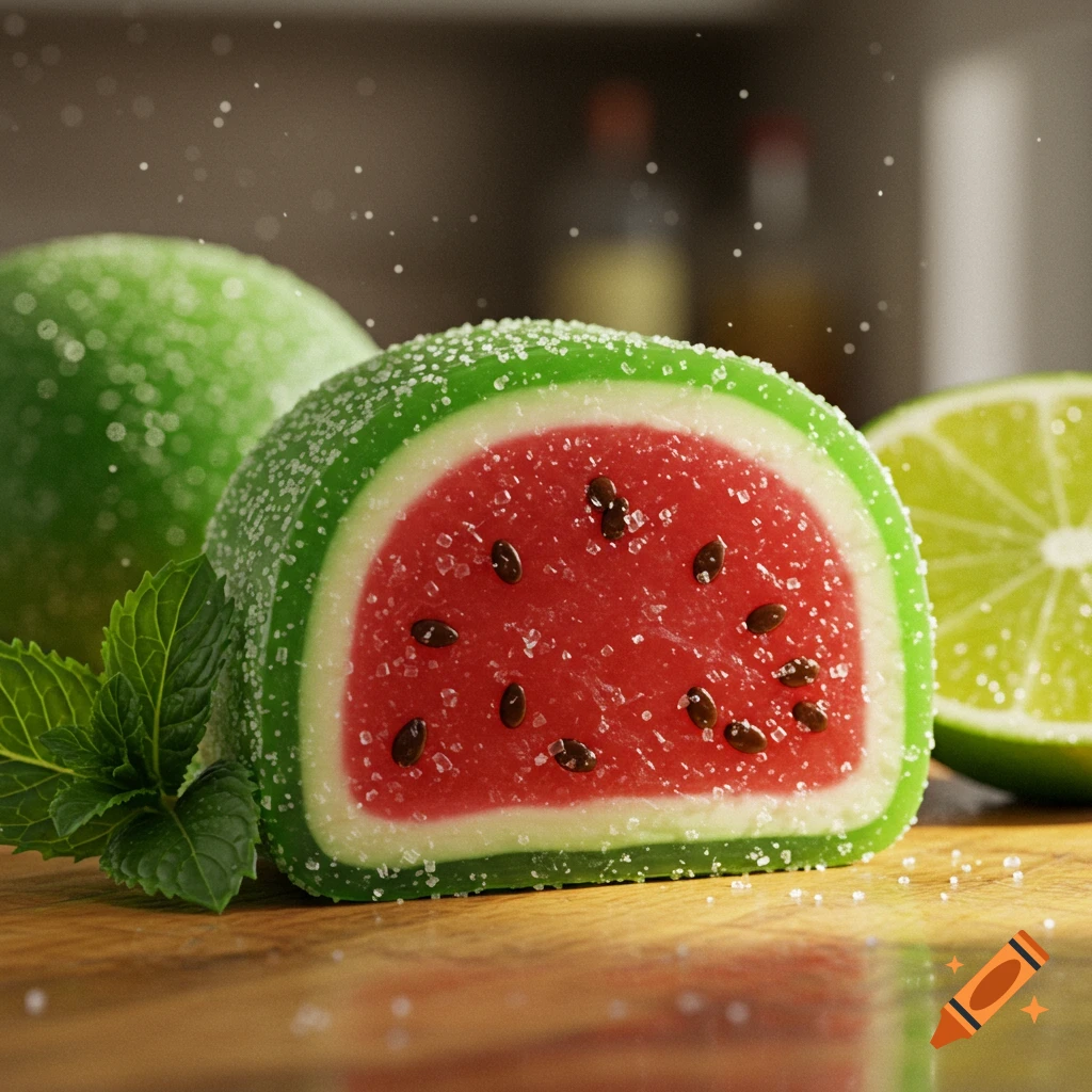 Hyperrealistic close-up of a cut watermelon-shaped candy covered in sugar crystals, with mint leaves and a lime half on a wooden surface.
