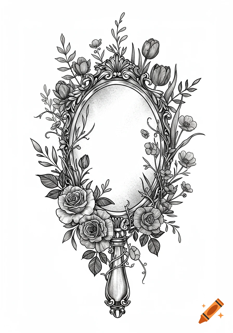 A detailed black and white illustration of an ornate, antique oval hand mirror with a short handle, surrounded by an abundance of blooming roses, tulips, buttercups, and winding vines.
