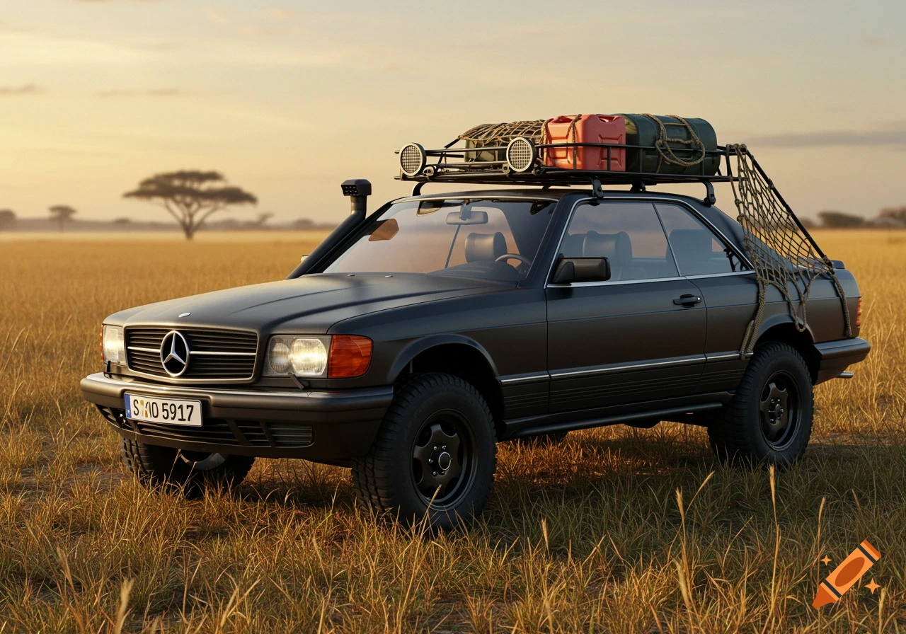 Black Mercedes 500 SEC 1985 converted to safari style, with roof rack and gear, parked in a grassy savanna at sunset.