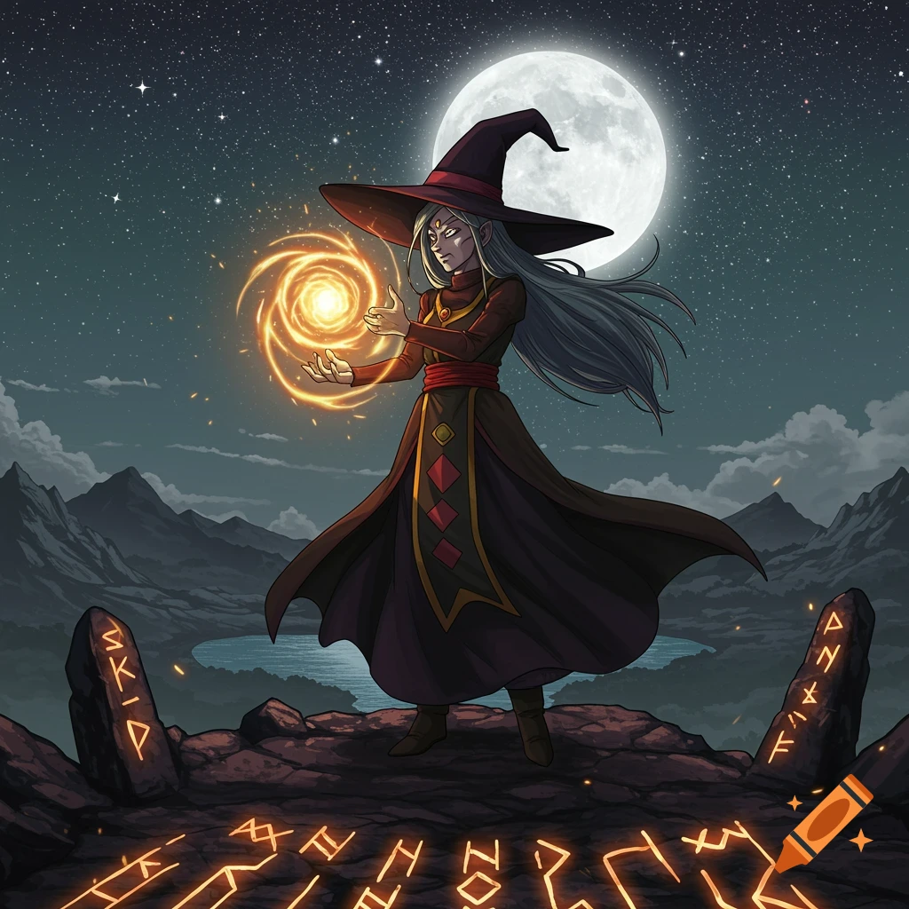 A witch in a wide-brimmed hat stands on a rocky outcrop under a full moon, conjuring a swirling ball of golden light. Glowing runes are etched into the ground and surrounding stones.