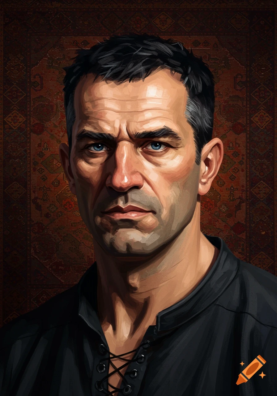 Digital painting of a rugged man with black hair and blue eyes, wearing a black shirt, against a patterned background.