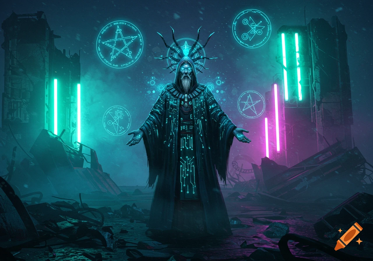 A futuristic shaman or sorcerer in glowing robes stands amidst cybernetic ruins with floating occult symbols, lit by neon lights.