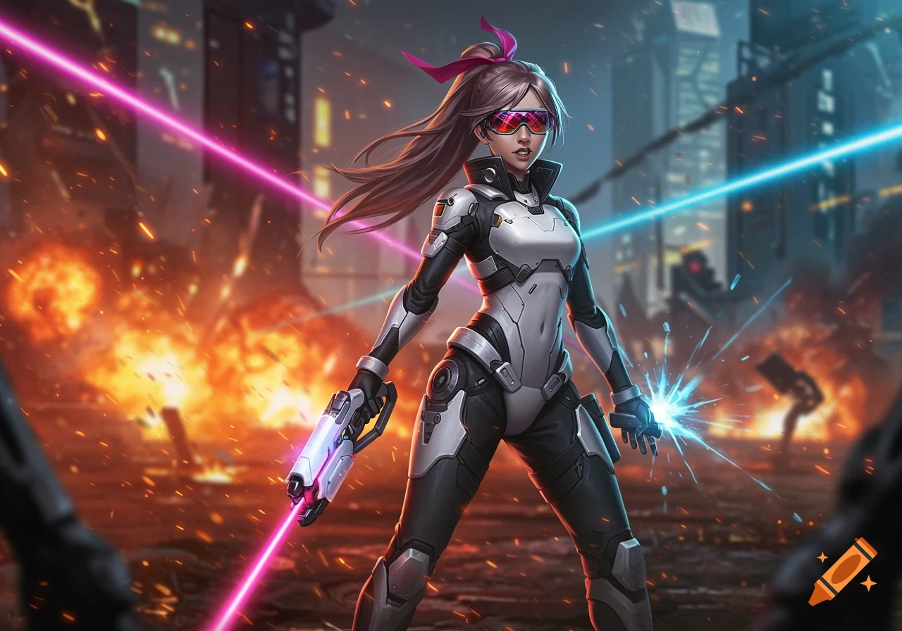 A futuristic female warrior in white armor and cyber visor-sunglasses holds a laser weapon on a fiery sci-fi battlefield.