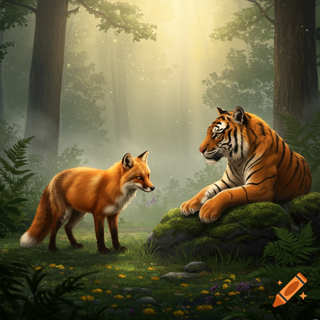 A red fox stands facing a tiger resting on a mossy rock in a sunlit, misty forest.