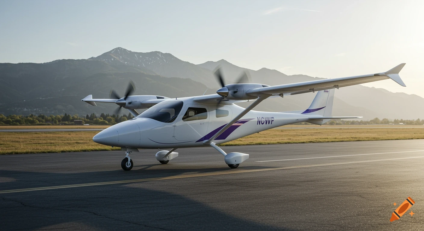 A white cargo aircraft with purple accents sits on a runway with mountains in the background at sunset, photorealistic.