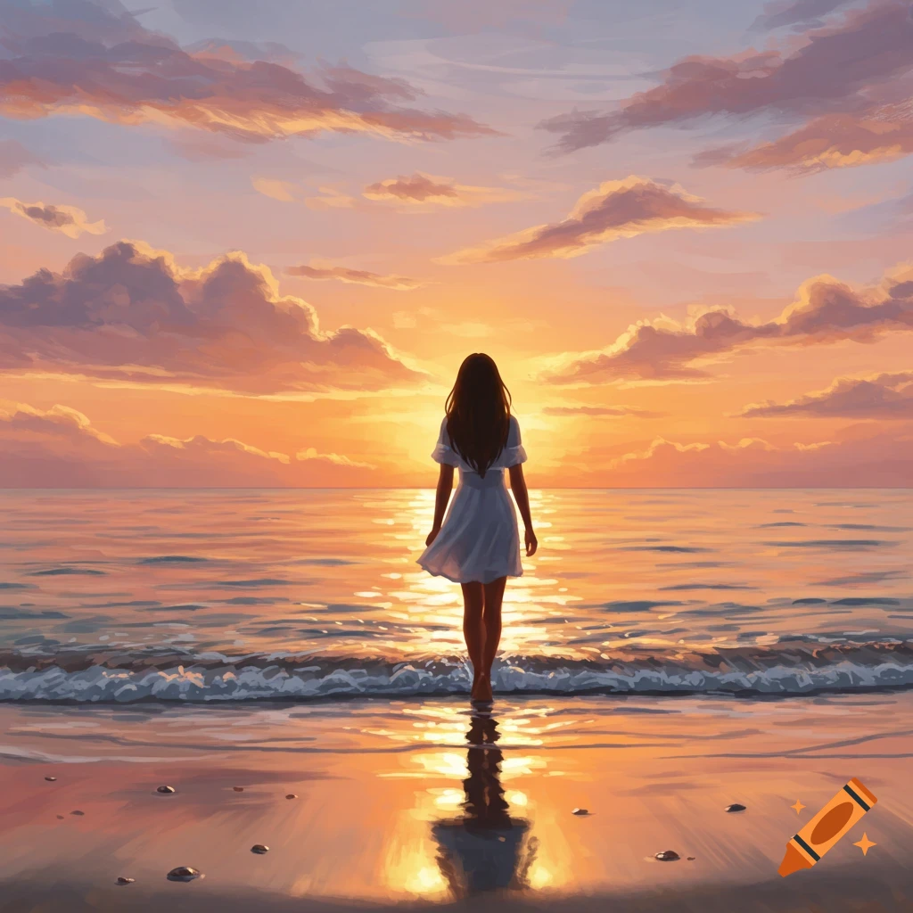 A woman in a white dress stands facing a vibrant orange and pink sunset over the ocean on a beach.