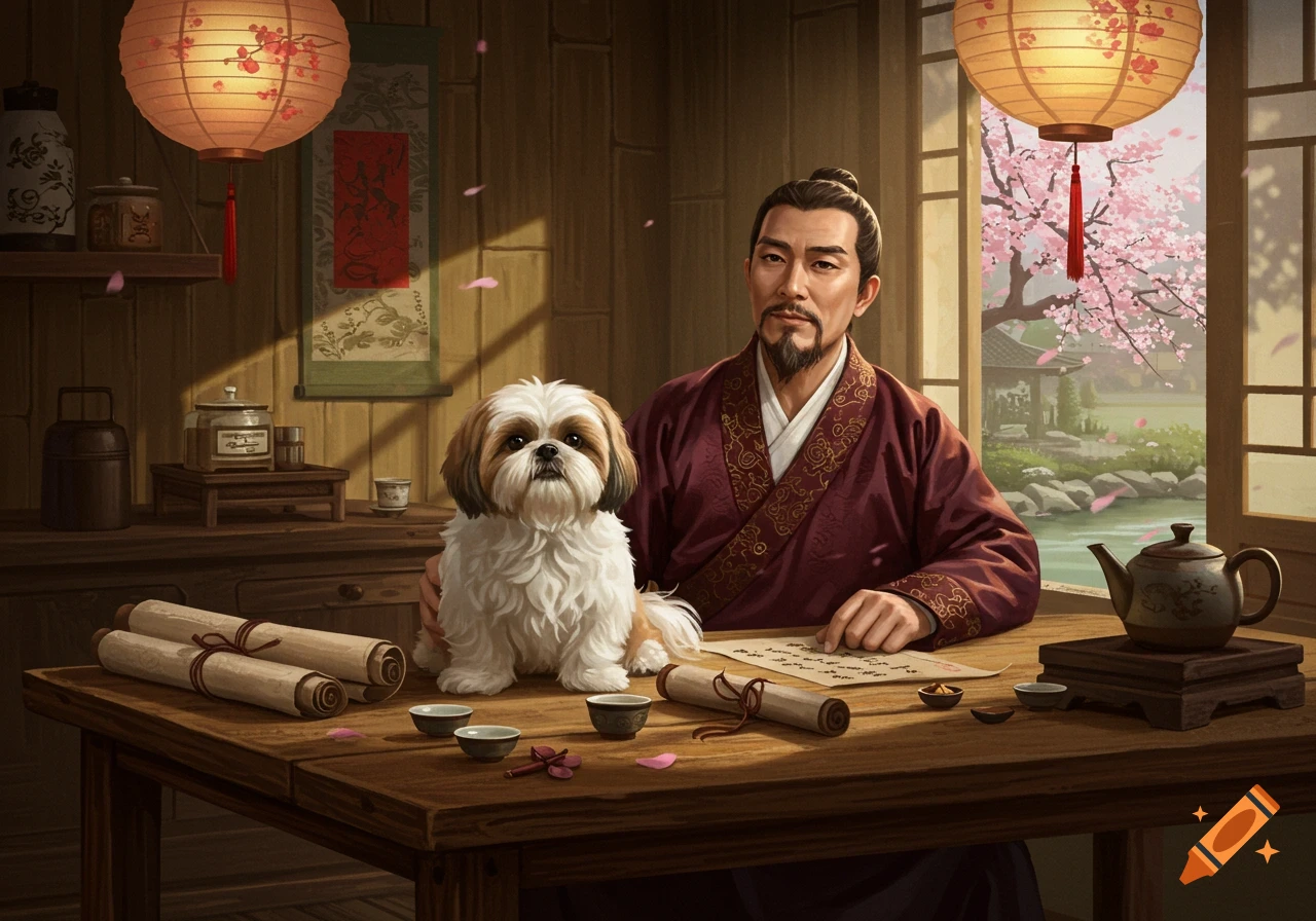 A traditional Chinese man sits at a wooden table with a Shih Tzu dog, surrounded by scrolls, lanterns, and a view of a cherry blossom garden.