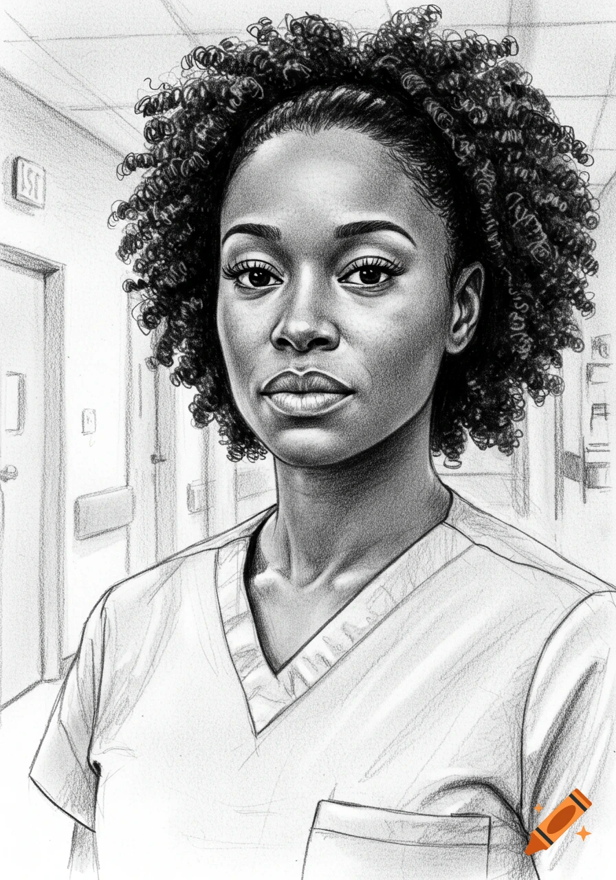 A close-up pencil drawing of a Black woman with curly hair, wearing medical scrubs, in a hospital hallway.