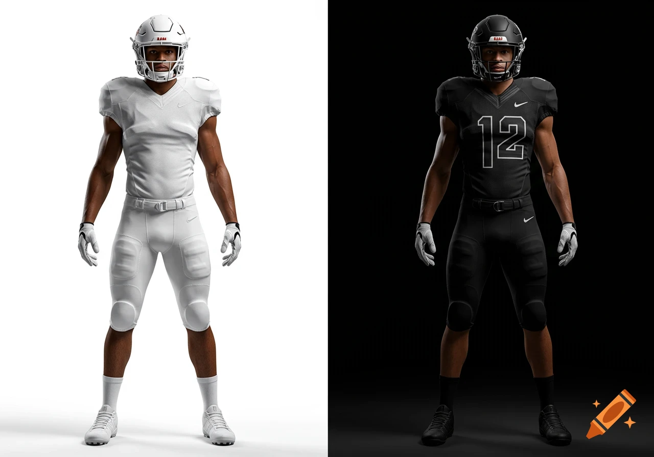 Two photorealistic American football players stand facing forward, one in a white uniform, the other in a black with number 12.