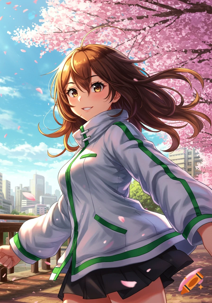 Anime girl with brown hair in a white and green jacket, smiling dynamically under cherry blossoms with a city background.