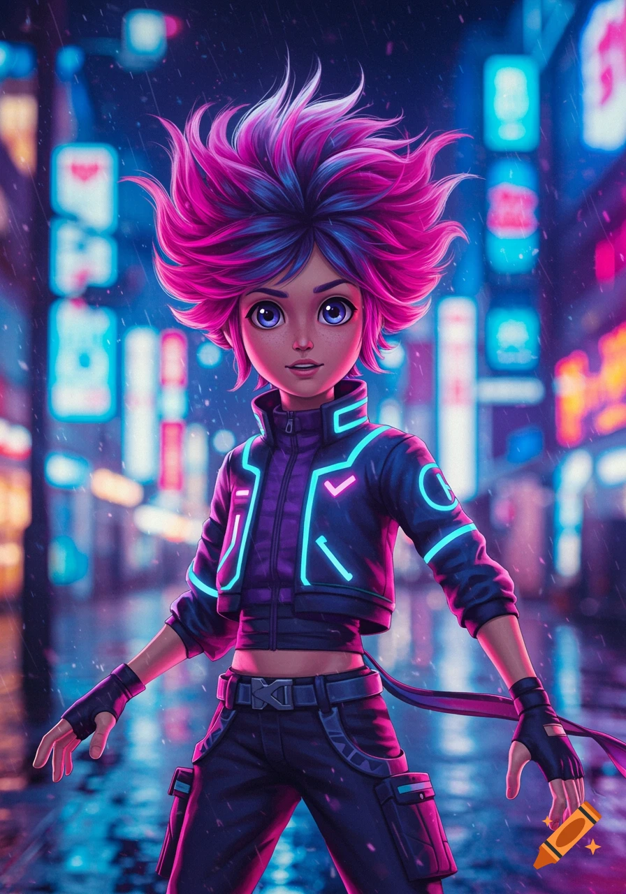 Manga-style character with spiky pink and blue hair standing on a neon-lit, rainy cyberpunk street.