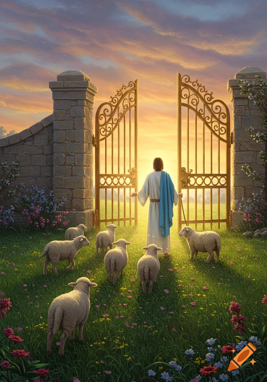 A robed figure leads sheep through open golden gates into a bright light at sunset, surrounded by a grassy field with wildflowers.