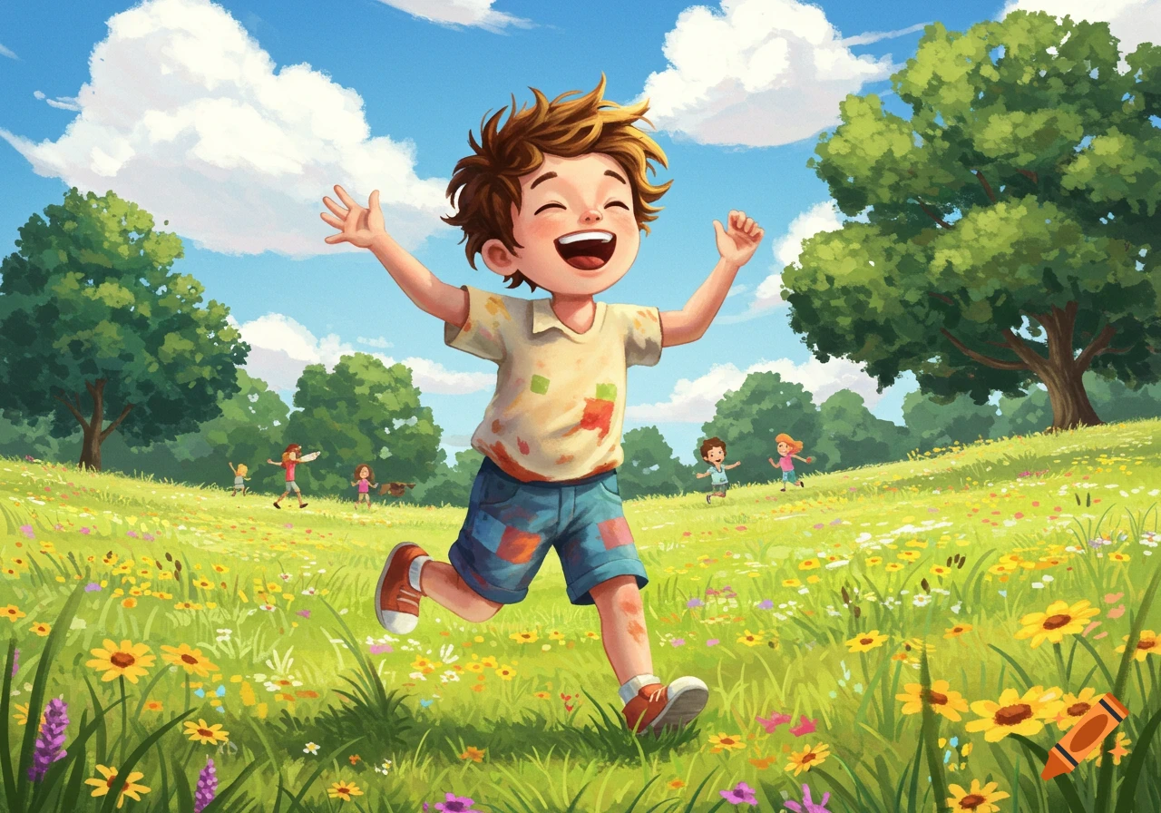 A happy cartoon boy with paint-splattered clothes runs through a sunny wildflower field, arms outstretched, with other children playing.