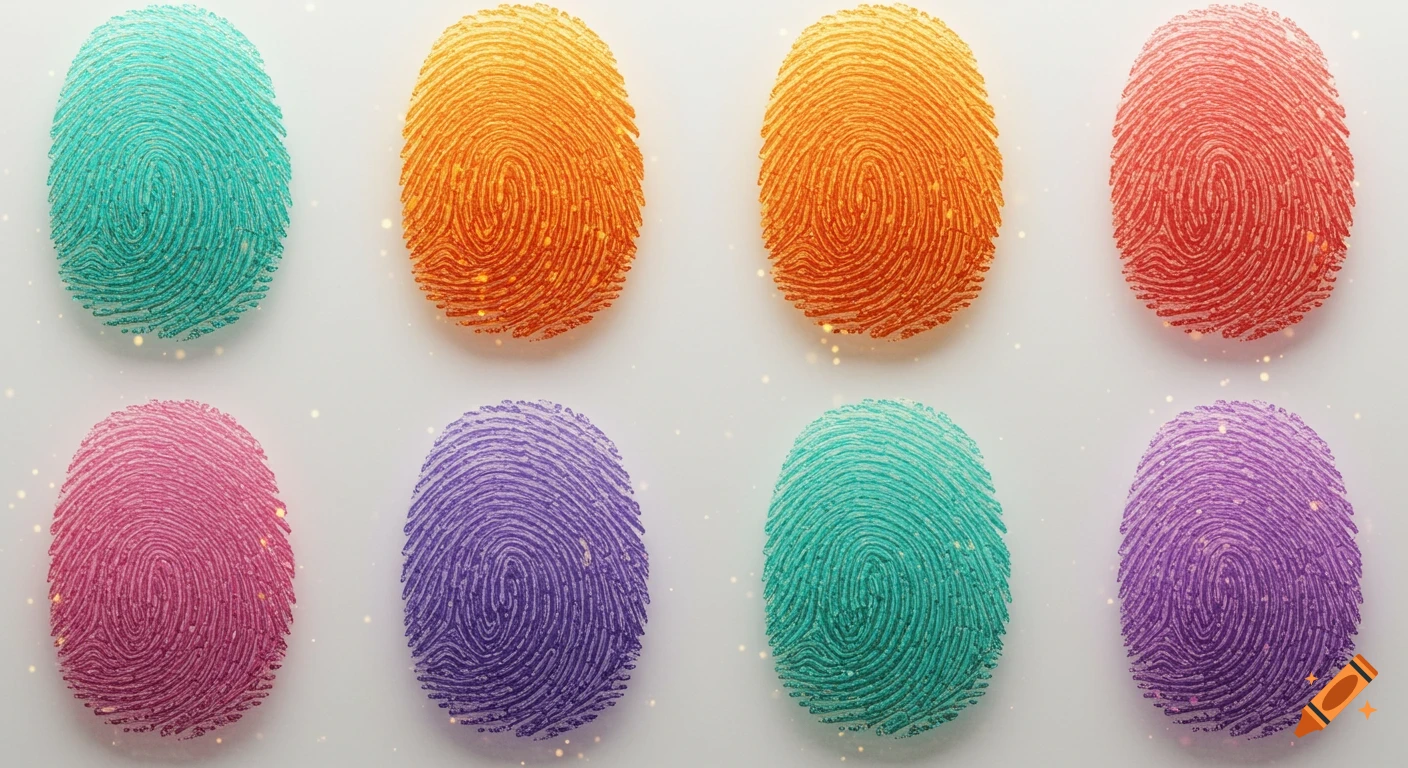 Eight vibrant, glittery fingerprints in teal, orange, red, pink, and purple, arranged on a white background.