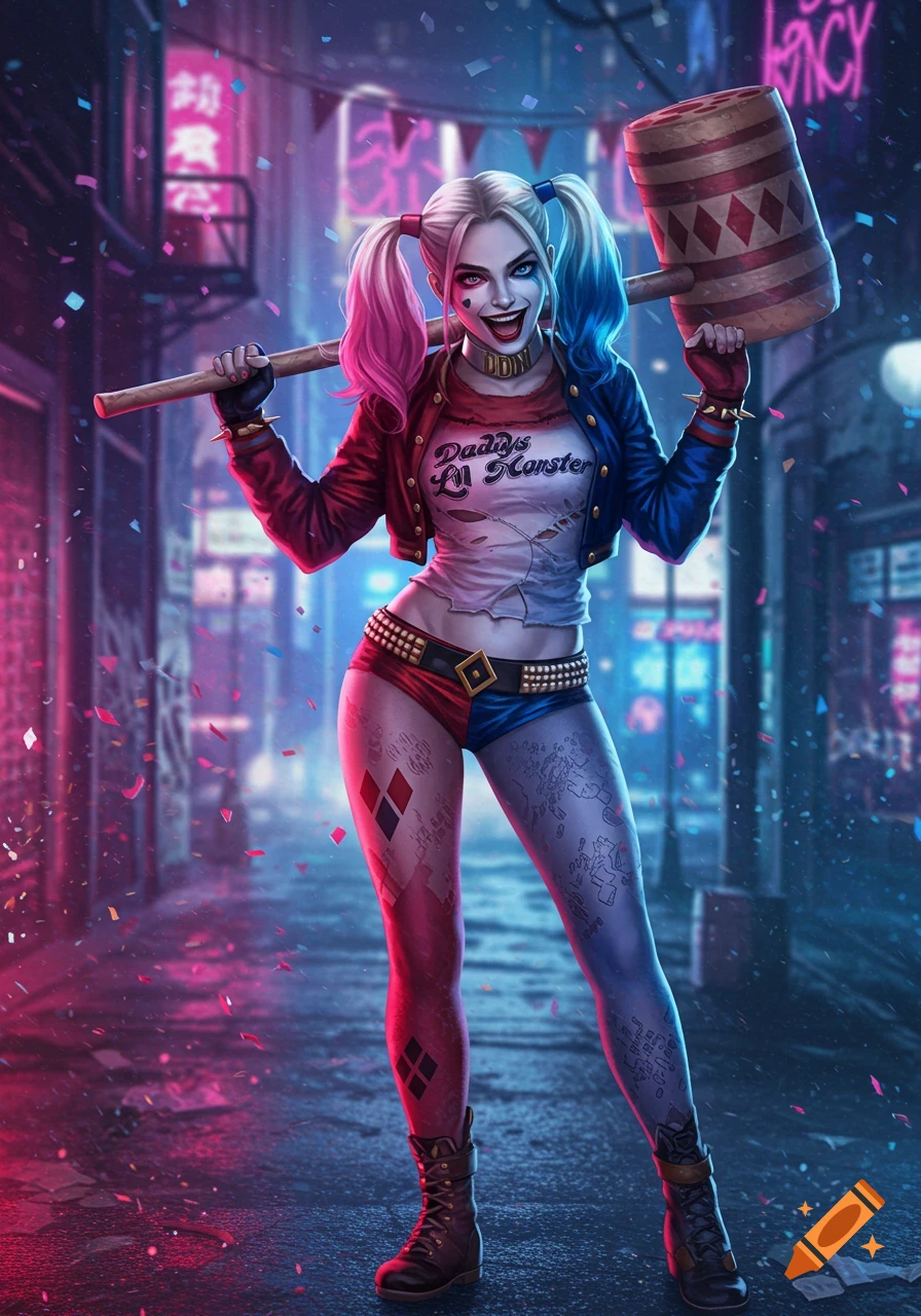 Vibrant digital art of Harley Quinn in a neon-lit alley, smiling and holding a large mallet, with confetti falling.