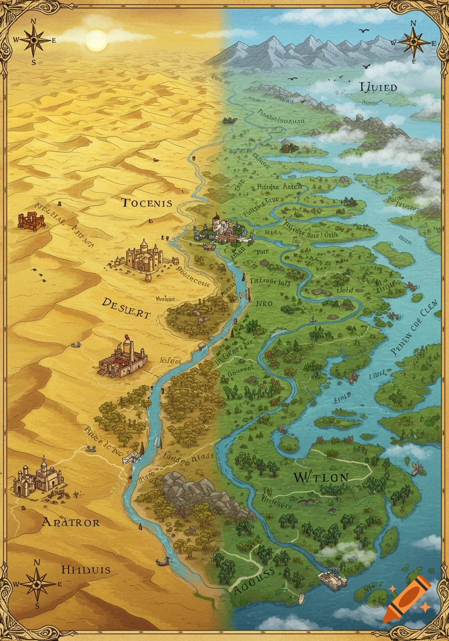 An overhead illustrative fantasy map showing a sandy desert kingdom on the left and a lush green wetlands kingdom on the right, separated by a winding river.