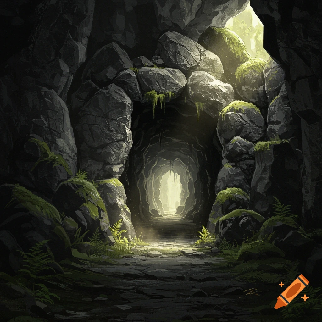 A dark cave entrance made of large mossy rocks, with a bright light illuminating the end of a long, mysterious tunnel.
