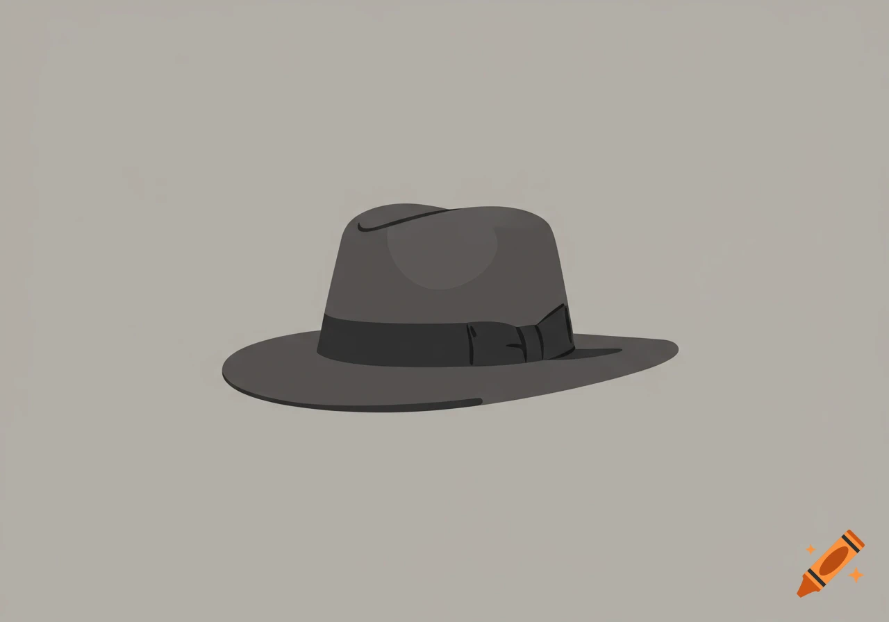 Minimalist illustration of a dark gray fedora hat with a black band on a plain light gray background.