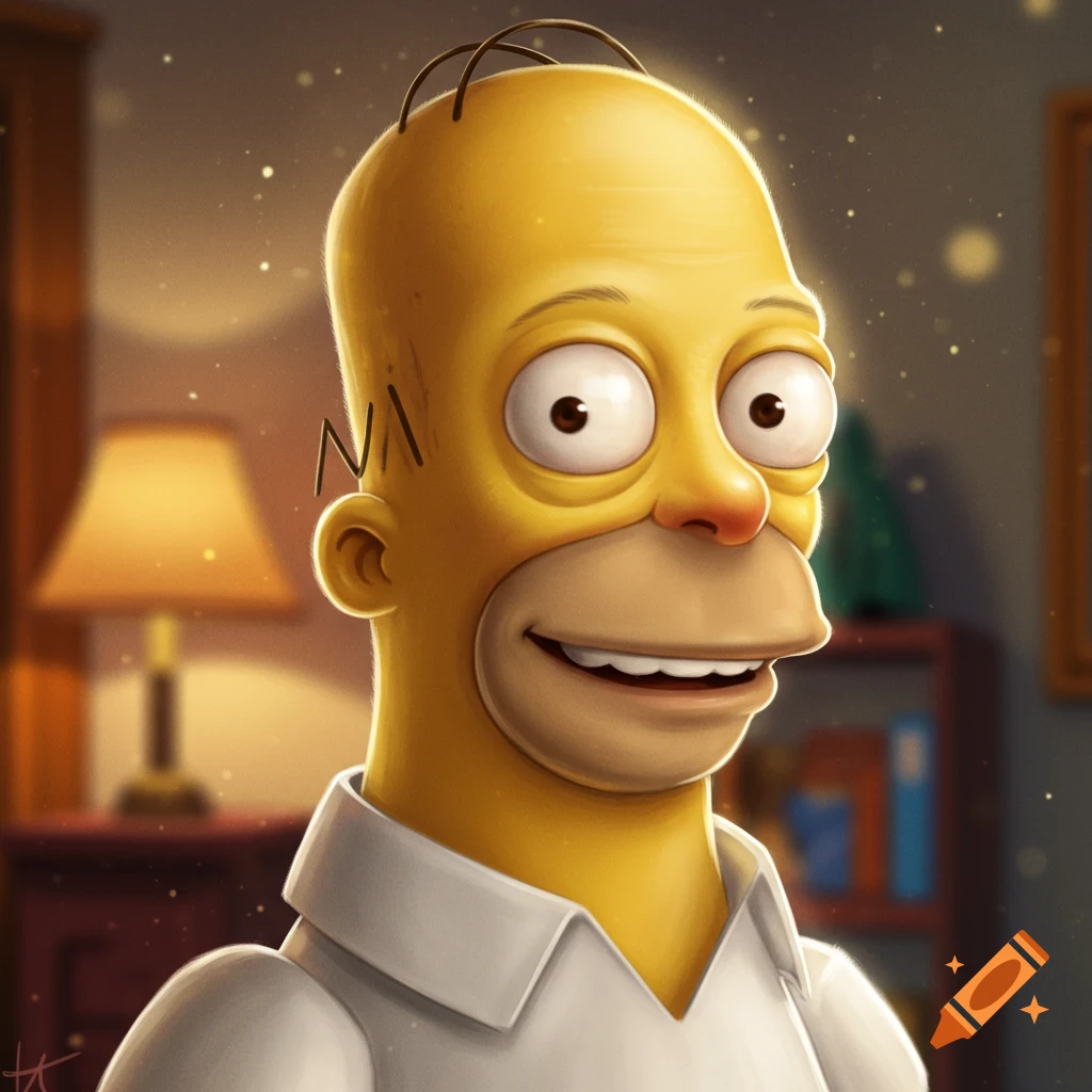Highly detailed digital illustration portrait of Homer Simpson smiling in a living room background.