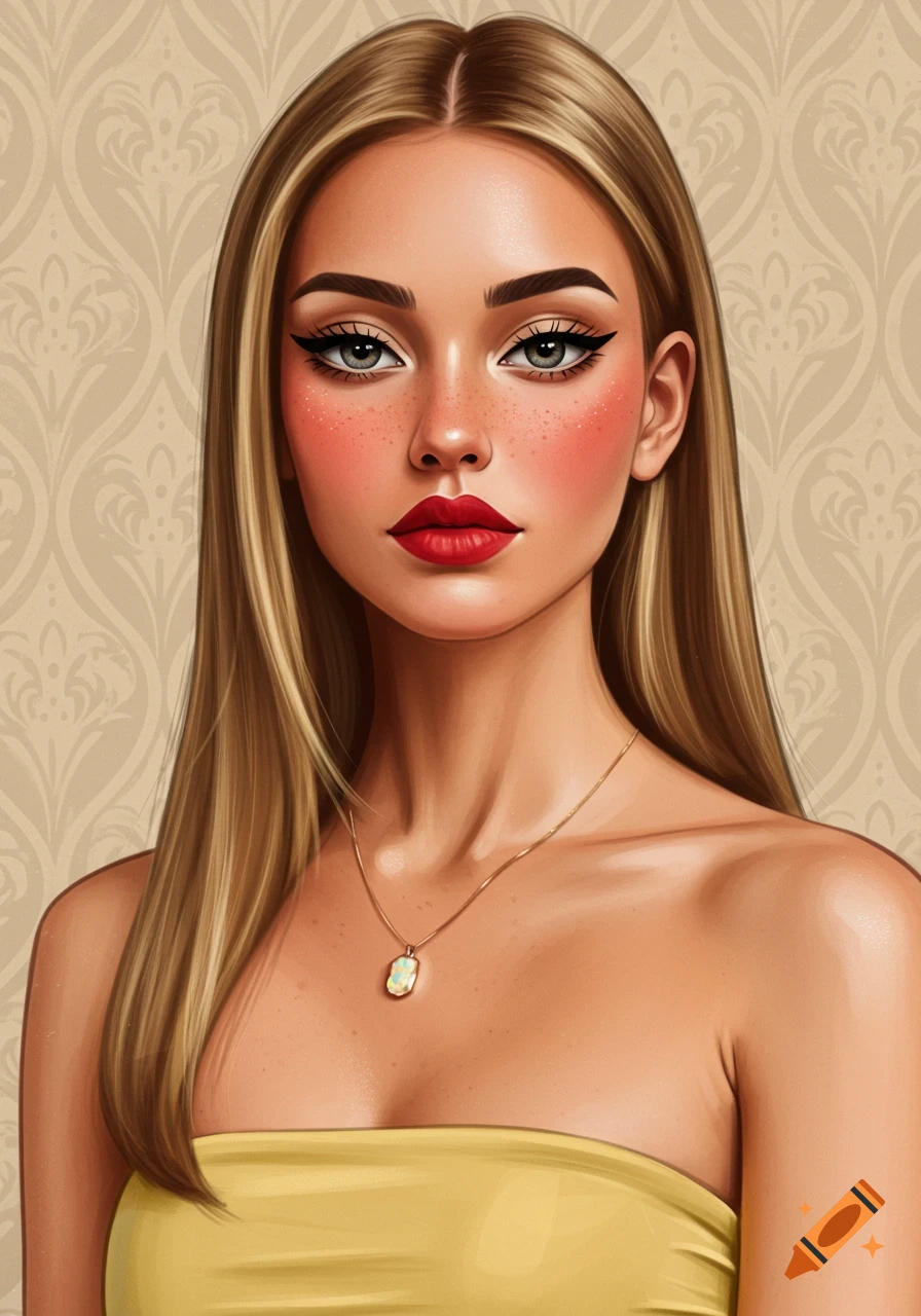 A stylized illustration of a woman with long blonde hair, red lipstick, and a yellow strapless top, against a patterned background.