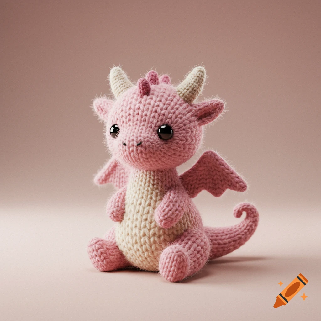 A cute pink and cream knitted dragon with large black eyes sits on a light pink background.