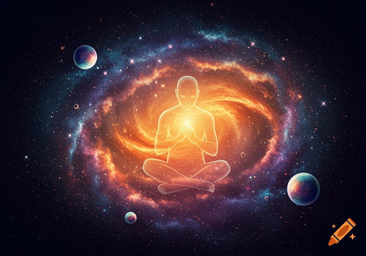 A glowing human figure meditating in lotus position amidst a vibrant galaxy and planets.