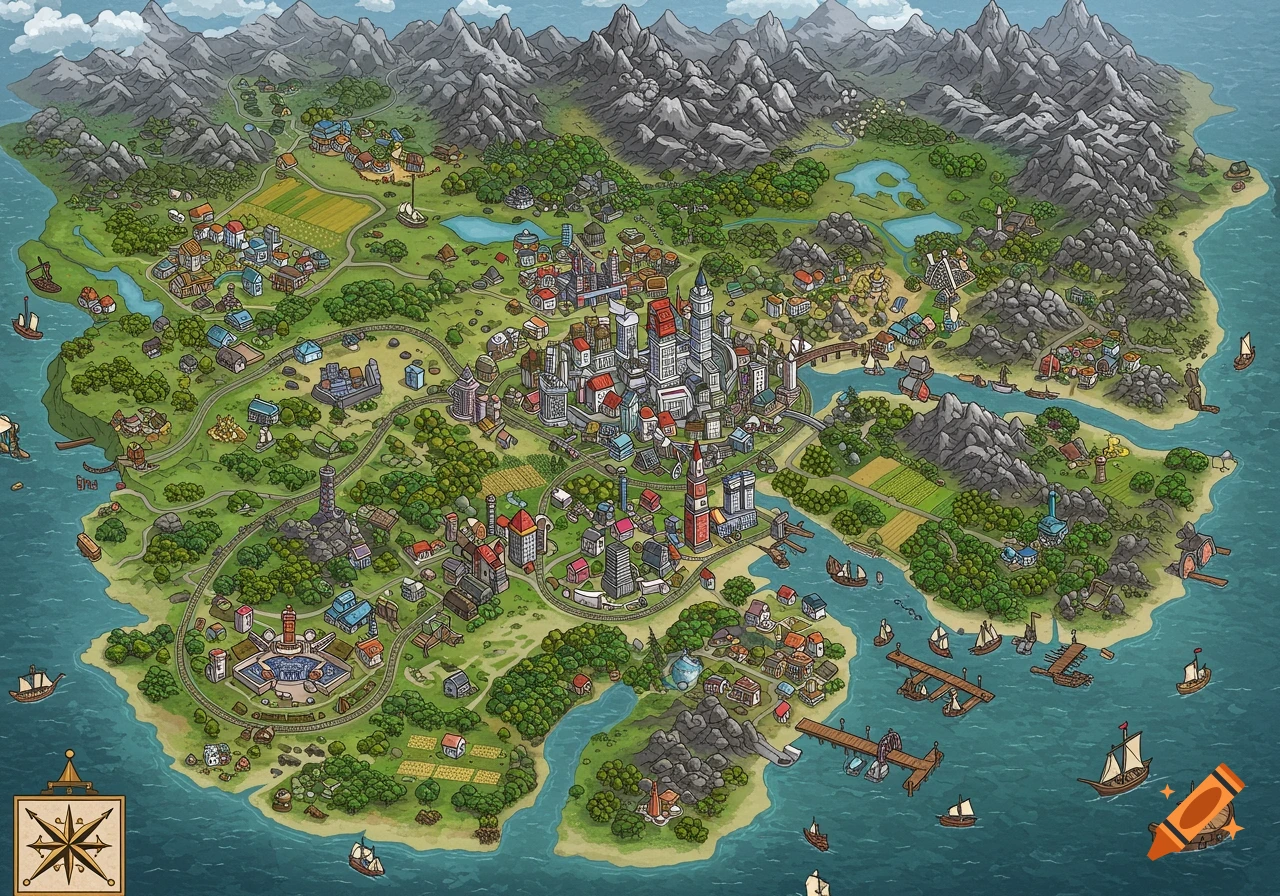 A detailed, vibrant cartoon-style island map showing a city, towns, mountains, rivers, lakes, and harbors.