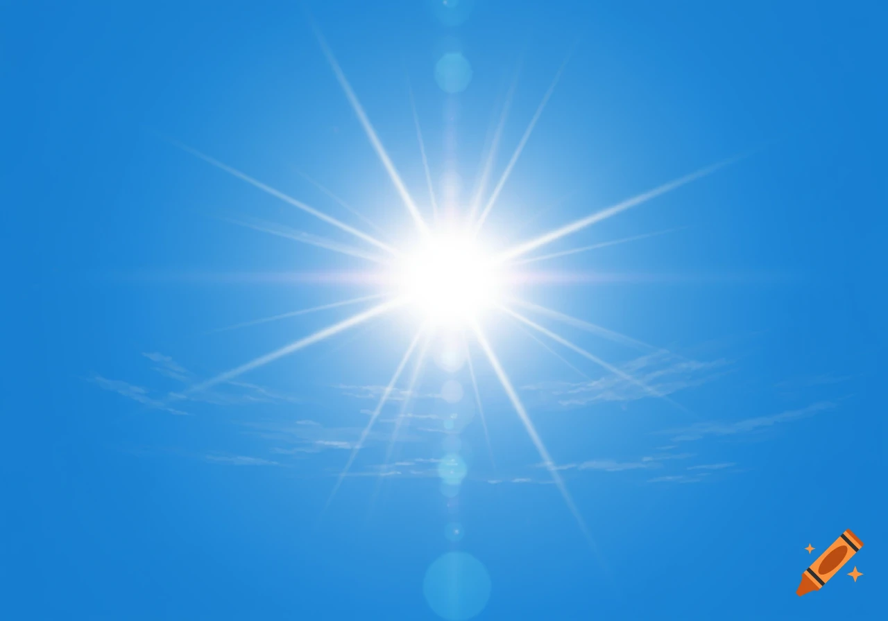 A bright sun with prominent starburst rays and lens flares in a clear blue sky with wispy clouds.