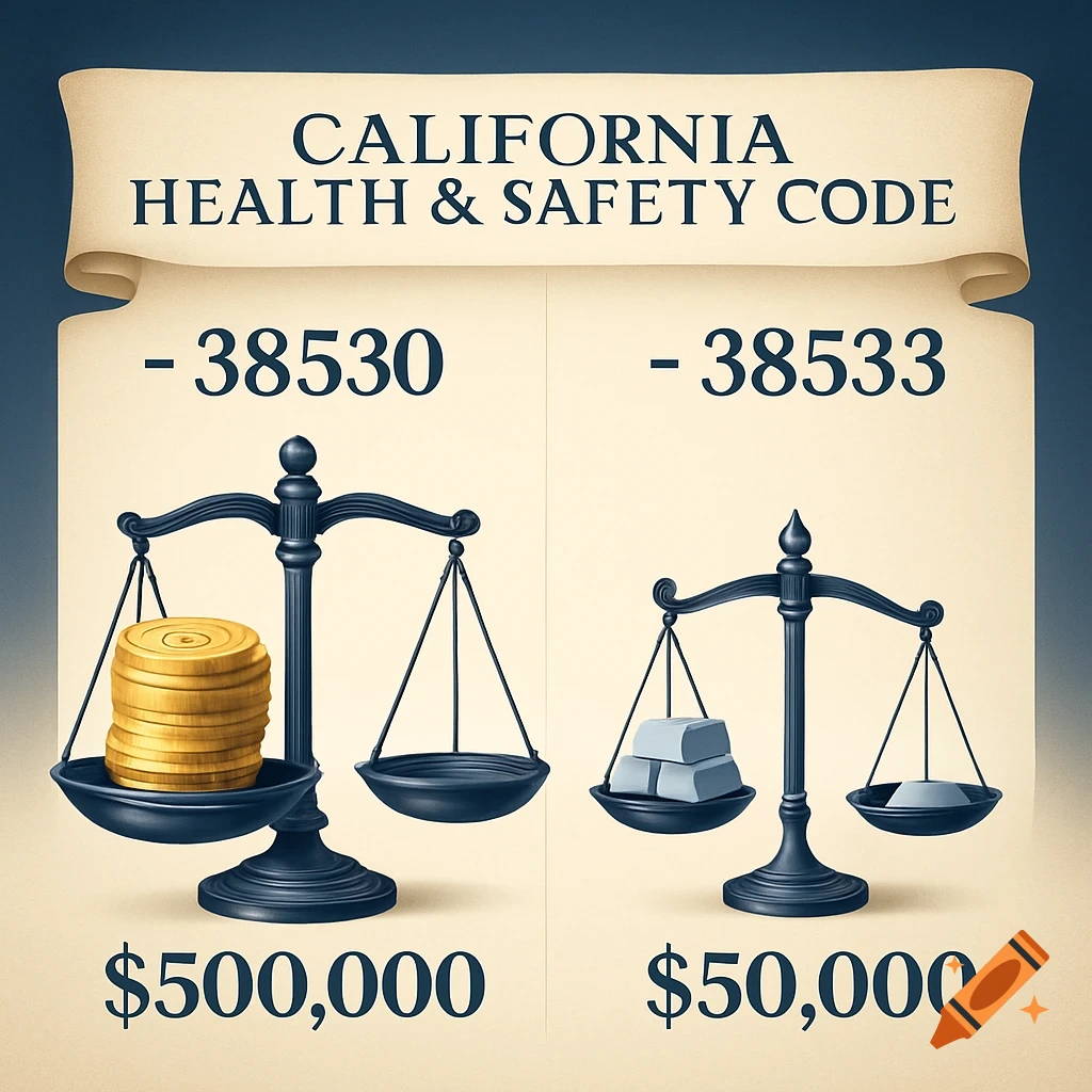 A graphic showing two scales of justice under 'California Health & Safety Code'. One scale represents '38530' with gold coins and '$500,000', the other '38533' with silver bars and '$50,000'.