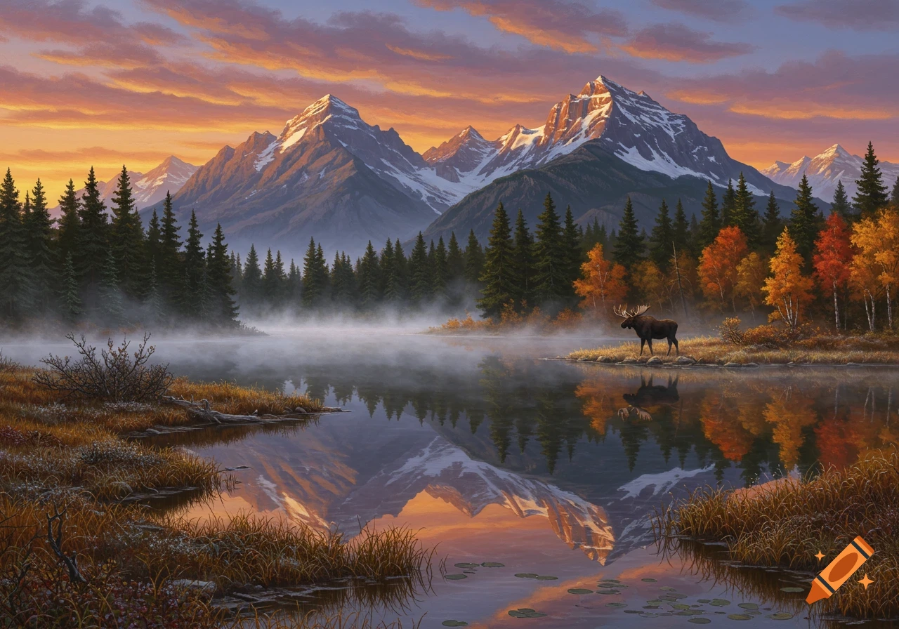 A moose stands by a misty lake reflecting snow-capped mountains and colorful autumn trees under a vibrant sunset. Digital painting.