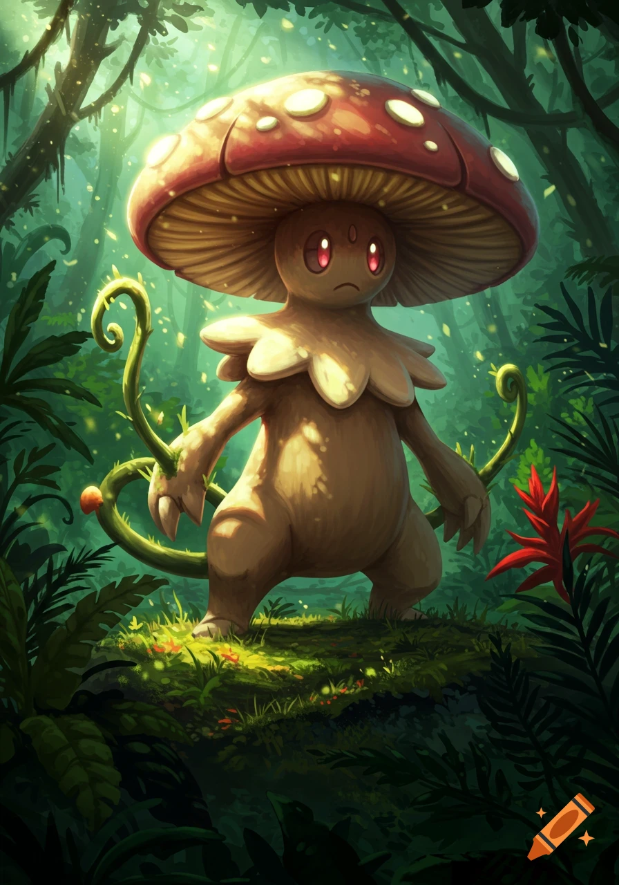 A mushroom-headed creature with glowing red eyes and a vine tail stands in a vibrant, sunlit jungle.