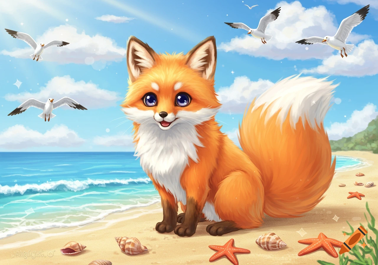 A cute anime-style fox with blue eyes sits on a sandy beach with seashells and starfish, with seagulls flying over a blue ocean.