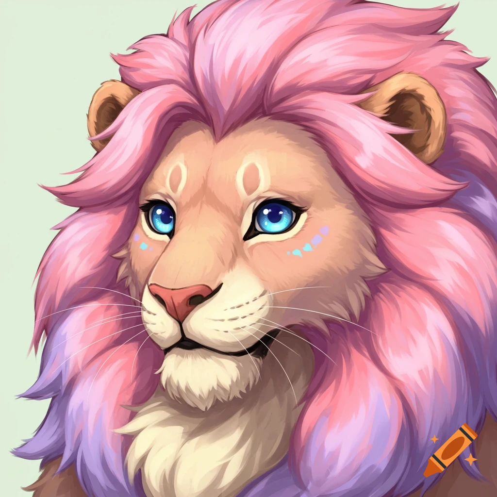 Headshot drawing of a dwarf lion with a pink and purple mane, cream chest, blue eyes, and heart-shaped markings on its cheek, in a cartoony style.