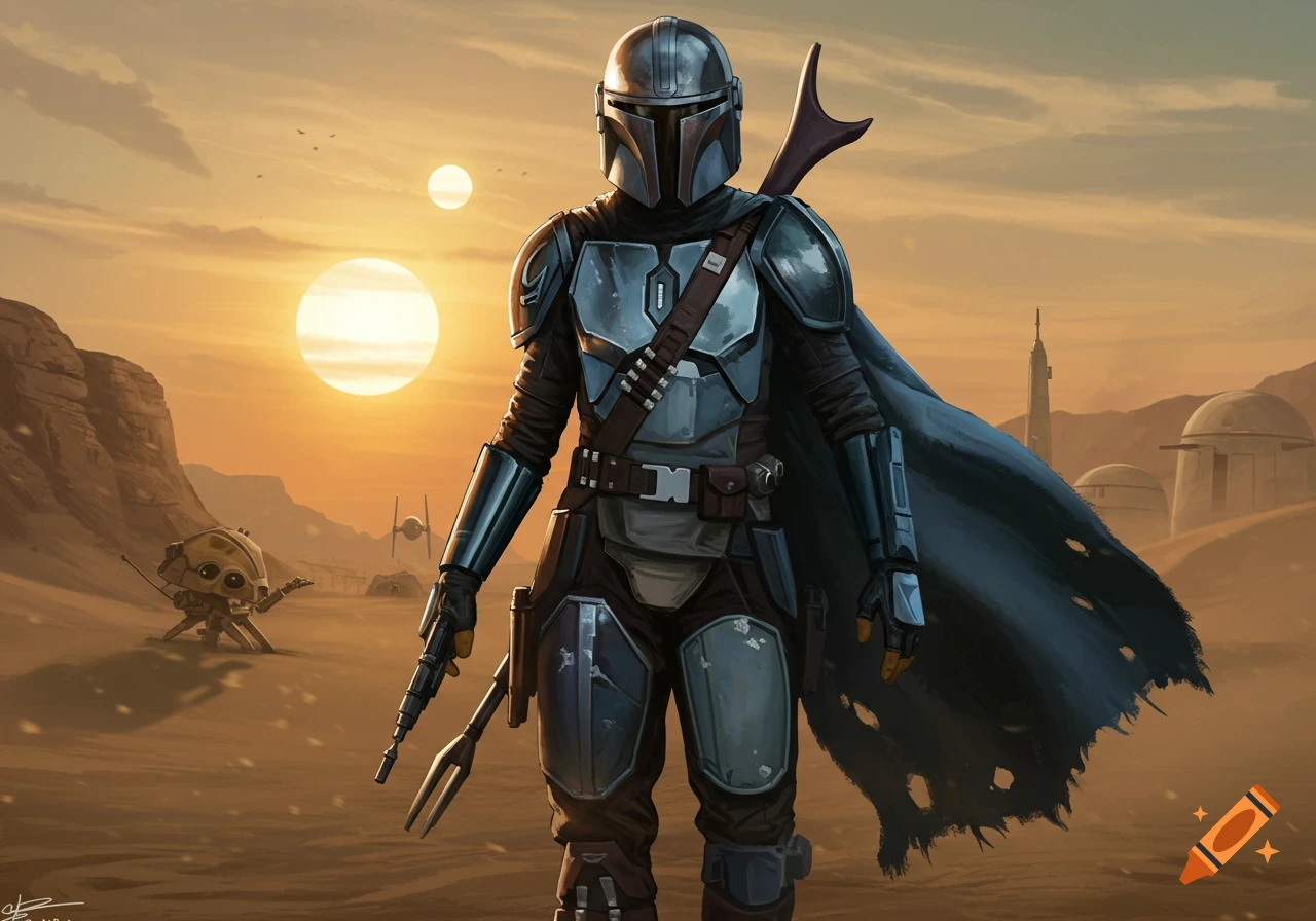 A Mandalorian-like warrior stands in a vast desert landscape with two suns, an alien robot, and a spaceship in the background, digital art.