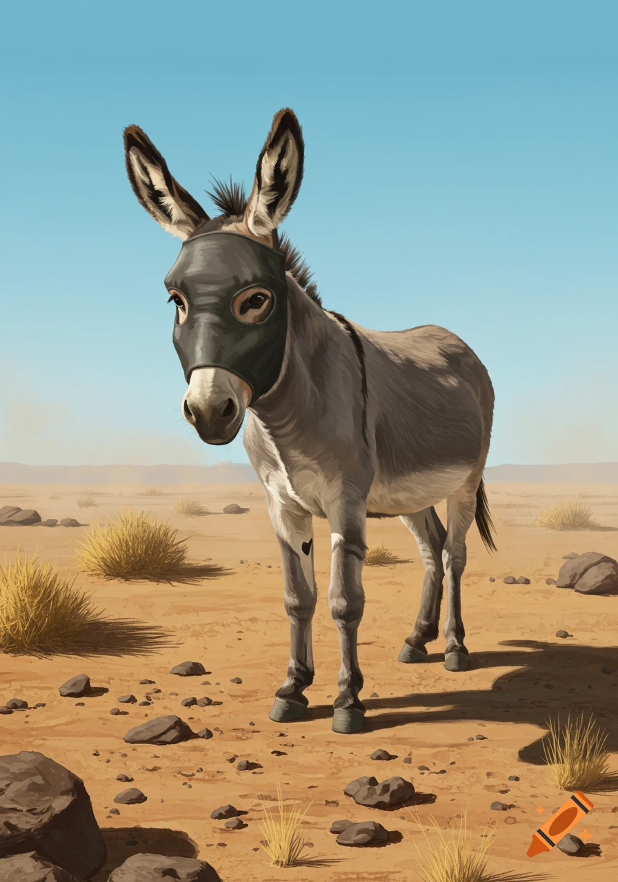 An illustrated donkey wearing a black ski mask stands in a sparse desert landscape under a clear blue sky.