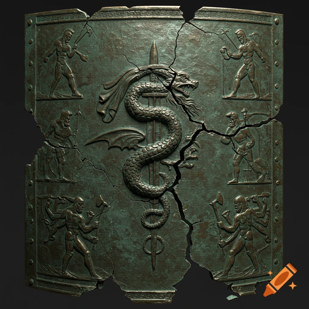 An ancient, cracked bronze shield with a greenish patina, featuring a central embossed dragon coiled around a sword, surrounded by bas-reliefs of classical figures.