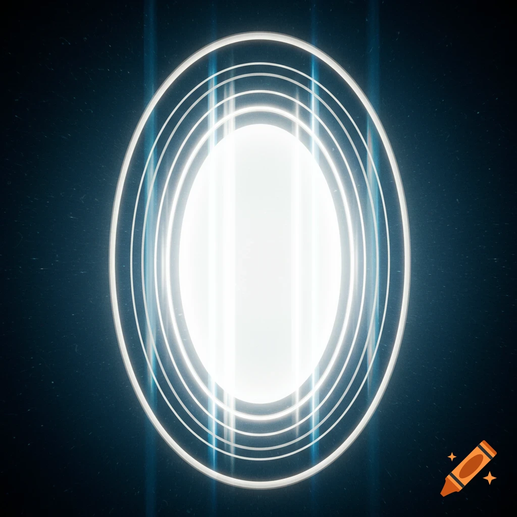A bright white oval portal surrounded by concentric light rings, with vertical light columns, on a dark, textured background.