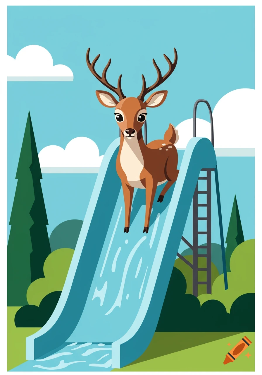 A cartoon deer with antlers stands on a blue waterslide amidst green trees and a blue sky with clouds.